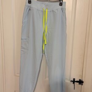 Figs Light Blue Jogger Scrub Pants with Neon Yellow Drawstring- Women’s size S